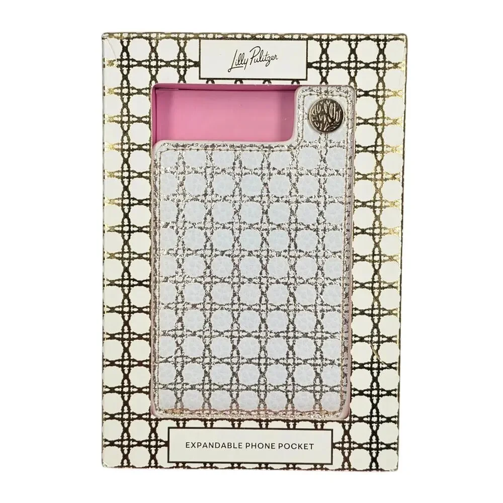 LILLY PULITZER EXPANDABLE PHONE POCKET – BROWN/WHITE GEO – SNAP CLOSURE